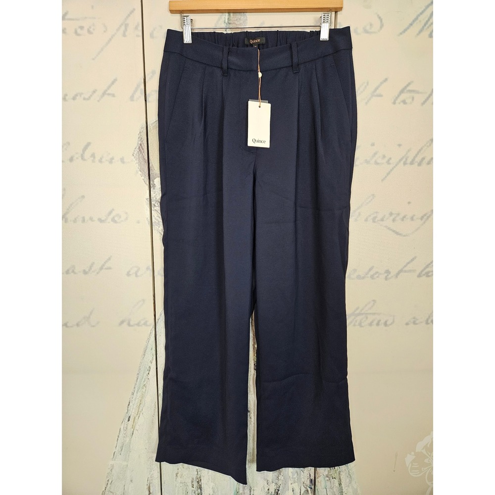 NWT Quince Stretch Crepe Pleated Wide Leg Pants Navy Blue Size 10 High Rise